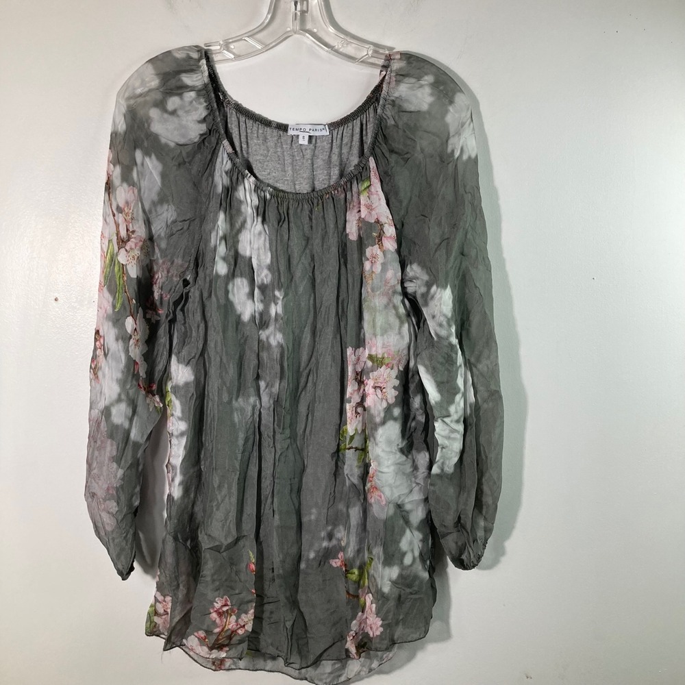 Womens Tempo Paris Silk Floral Tunic Lined Tee Viscose Elastane S Gray White